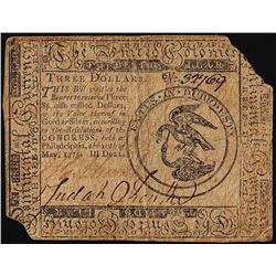 May 10, 1775 $3 Continental Currency Note