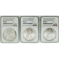 Lot of (3) 1780 Austria Taler Restrike Silver Coins NGC MS67PL