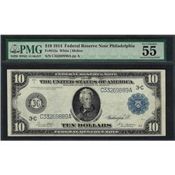 1914 $10 Federal Reserve Note Philadelphia Fr.915a PMG About Uncirculated 55EPQ