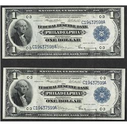 Lot of (2) Consecutive 1918 $1 Federal Reserve Bank Notes Philadelphia