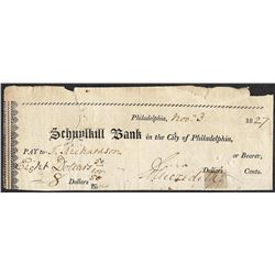 1827 Schuylkill Bank Obsolete Note- Holes & Tears