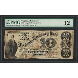 1861 $10 Virginia Treasury Note Obsolete Note PMG Fine 12