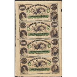 Uncut Sheet of 1800's $100 Citizens Bank of Louisiana Obsolete Notes