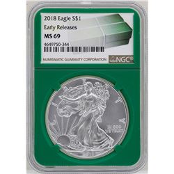 2018 $1 American Silver Eagle Coin NGC MS69 Early Releases Green Core