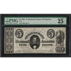 1861 $5 Confederate States of America Note T-34 PMG Very Fine 25 Canceled