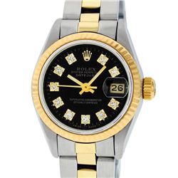 Rolex Ladies Two Tone 14K Black Diamond 26MM Datejust Wristwatch