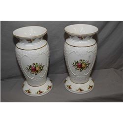 Pair of Royal Albert  Old Country Rose  basket weave cameo vases, 14  in height