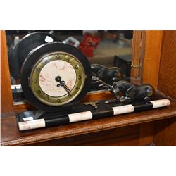 Antique art deco clock with bronze stag on marble base, 19" in length and working at time of catalog