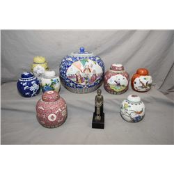 Eight Oriental lidded ginger jars including 9" tall etc.