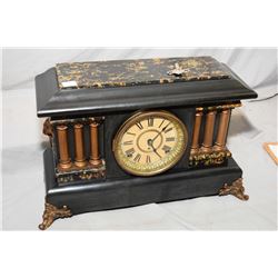 Antique simulated slate chiming mantle clock with Grecian columns, lion's head motif decoration, Rom