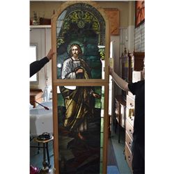 Large antique leaded and painted two part church window depicting Jesus, overall dimensions 89  X 28