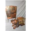 Image 1 : Art deco shield shaped copper fire screen and a carved elephant plant stand