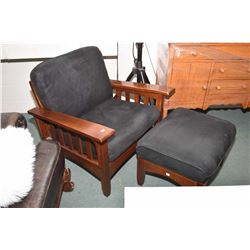 Semi contemporary maple framed Mission style loveseat, arm chair and ottoman