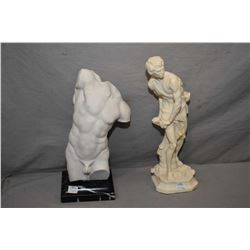 S. A. studio stone male torso sculpture on a marble base 13 1/2" in height plus a resin male figure