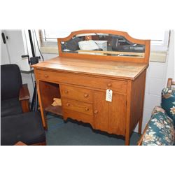 Antique Canadiana oak sideboard with bevelled mirrored back board, two doors and three drawers