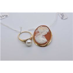 Vintage 18kt and carved cameo brooch / pendant and a 10kt yellow gold and genuine pearl ring