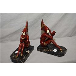 Pair of antique Gerda Gerdago "Red Sorceress" pixie cold painted bronze bookends on marble bases