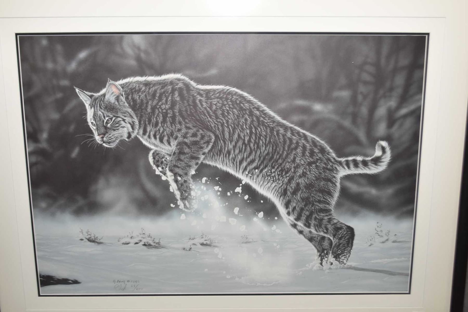 Artist R Fehr Framed limited edition print of a leaping lynx in the snow, pencil ...