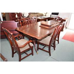 Regency style double pedestal dining table with two skirted insert leafs plus six upholstered seat d