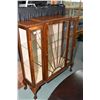 Image 1 : Antique walnut single door curio cabinet with glass shelves, glass sides, sunburst munting bars, on 