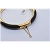 Image 2 : Ladies engraved 14kt yellow gold and black chalcedony quartz bracelet with safety chain. Retail repl