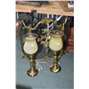 Image 1 : Vintage brass and metal fire screen and a pair of brass table lamps with fluted and etched glass sha