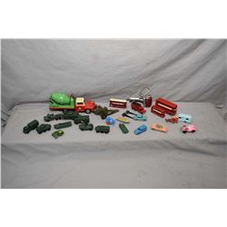 Collection of vintage die-cast toys including mostly Lesney, plus a Japanese tin cement mixer, an el