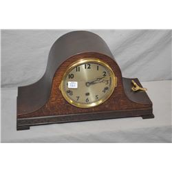 Vintage quarter cut oak top hat triple train mantle clock, working at time of cataloguing