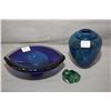 Image 1 : Three pieces of signed Robert Held art glass including 5" cobalt and iridescent vase, cased cobalt g