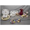 Image 1 : Selection of porcelain and glass collectibles including Staffordshire and Birks florals, cranberry g