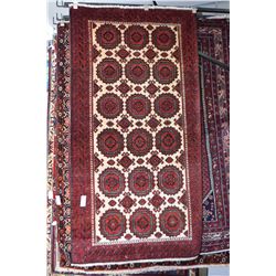 100% Iranian wool Balouch carpet in geometric design, cream background with red and charcoal highlig