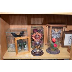 Shelf lot of collectible glass cased butterflies and flowers