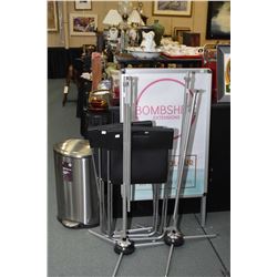 Selection of hair salon items including garbage can, three folding chairs, two banner stands and an 