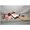 Image 1 : Selection of 1:12th scale dollhouse miniatures including bed, corner washstand, drop front desk, bla