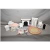 Image 1 : Selection of 1:12th scale dollhouse miniatures including bed, wardrobe, dresser, fireplace mantle, b