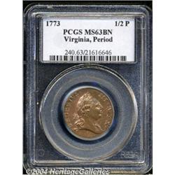 1773[1/2P] Virginia Halfpenny, Period MS63 Brown PCGS.