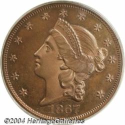 1867[$20] Twenty Dollar, Judd-604, Pollock-669, High R.7, PR65 Red and Brown PCGS.