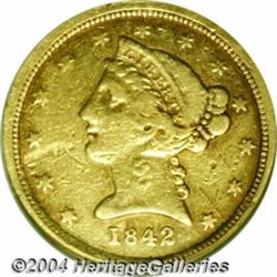 1842-C[$5] Small Date VF20 Details, Damaged, NCS.