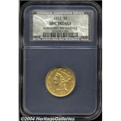 1853[$5] MS60 Details, Burnished, Reverse Damage, NCS.