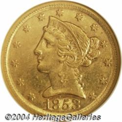 1853-D[$5] Large D AU58 NGC.