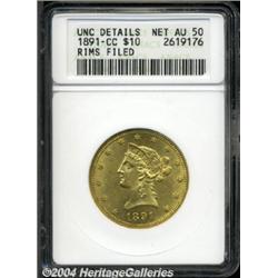 1891-CC[$10]--Rims Filed--ANACS. Unc Details, Net AU50.