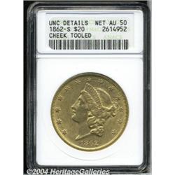 1862-S[$20]--Cheek Tooled--ANACS. Unc Details, Net AU50.