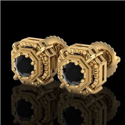 1.11 CTW Fancy Black Diamond Solitaire Art Deco Stud Earrings 18K Yellow Gold - REF-100A2X - 37452