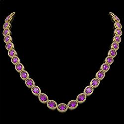 45.16 CTW Amethyst & Diamond Halo Necklace 10K Yellow Gold - REF-560M2H - 40594