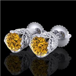 1.85 CTW Intense Fancy Yellow Diamond Art Deco Stud Earrings 18K White Gold - REF-172N8Y - 37413