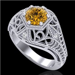 1.07 CTW Intense Fancy Yellow Diamond Engagement Art Deco Ring 18K White Gold - REF-254F5N - 37553
