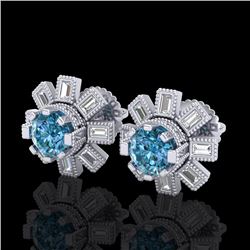 1.77 CTW Fancy Intense Blue Diamond Art Deco Stud Earrings 18K White Gold - REF-177W3F - 37866
