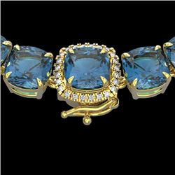87 CTW London Blue Topaz & VS/SI Diamond Halo Micro Necklace 14K Yellow Gold - REF-317F6N - 23369