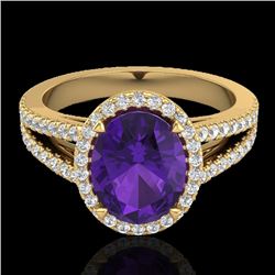 3 CTW Amethyst & Micro VS/SI Diamond Halo Solitaire Ring 18K Yellow Gold - REF-67W6F - 20928