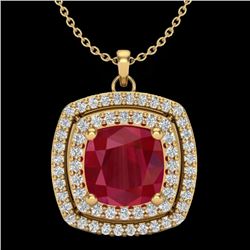 2.52 CTW Ruby & Micro Pave VS/SI Diamond Halo Necklace 18K Yellow Gold - REF-76A4X - 20462